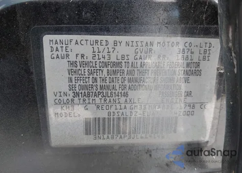 2018 Nissan Sentra Sv z USA, uszkodzony, nr VIN 3N1AB7AP3JL614146